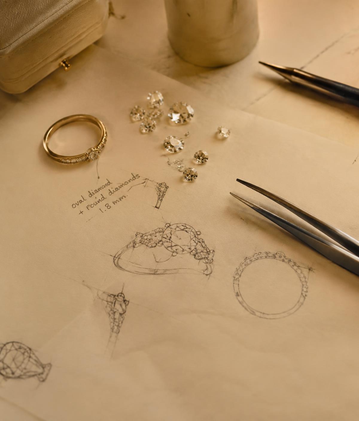 Custom ring sketches with loose lab-grown diamonds